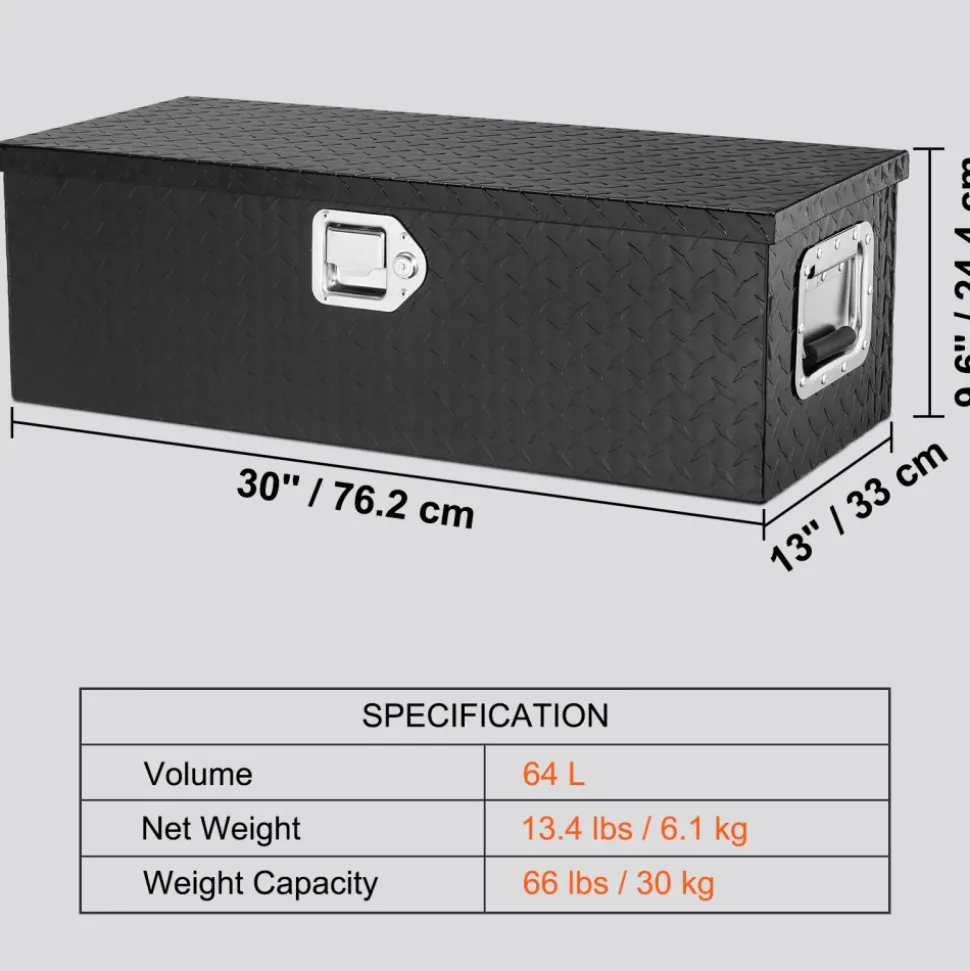 VEVOR Heavy Duty Aluminum Truck Bed Tool Box, Diamond Plate Tool Box with Side Handle and Lock Keys, Storage Tool Box Chest Box Organizer for Pickup, RV, Trailer, Truck Bed, 30"x13"x9.6", Black