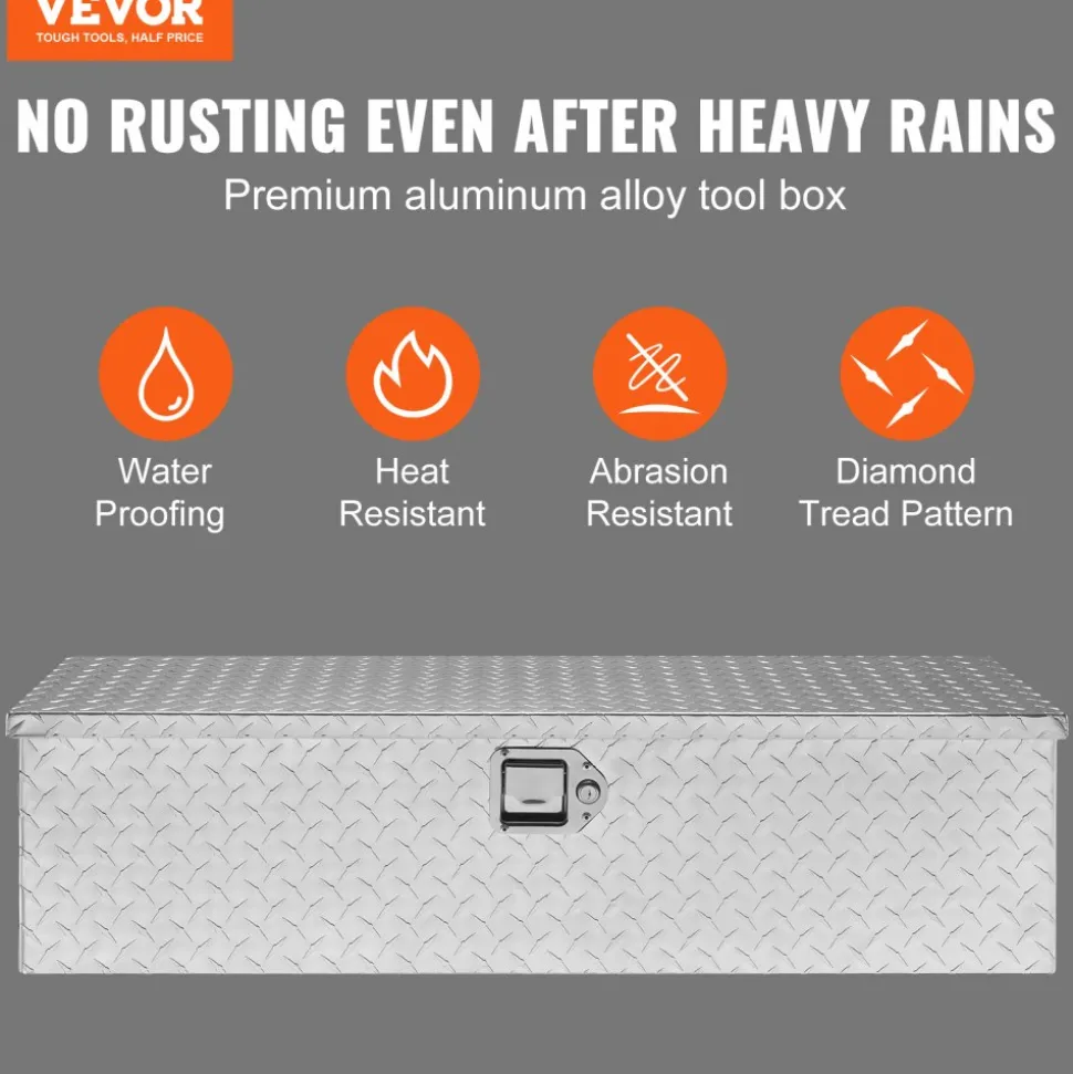 VEVOR Heavy Duty Aluminum Truck Bed Tool Box, Diamond Plate Tool Box with Side Handle and Lock Keys, Storage Tool Box Chest Box Organizer for Pickup, Truck Bed, RV, Trailer, 39"x13"x10", Silver