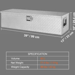VEVOR Heavy Duty Aluminum Truck Bed Tool Box, Diamond Plate Tool Box with Side Handle and Lock Keys, Storage Tool Box Chest Box Organizer for Pickup, Truck Bed, RV, Trailer, 39"x13"x10", Silver