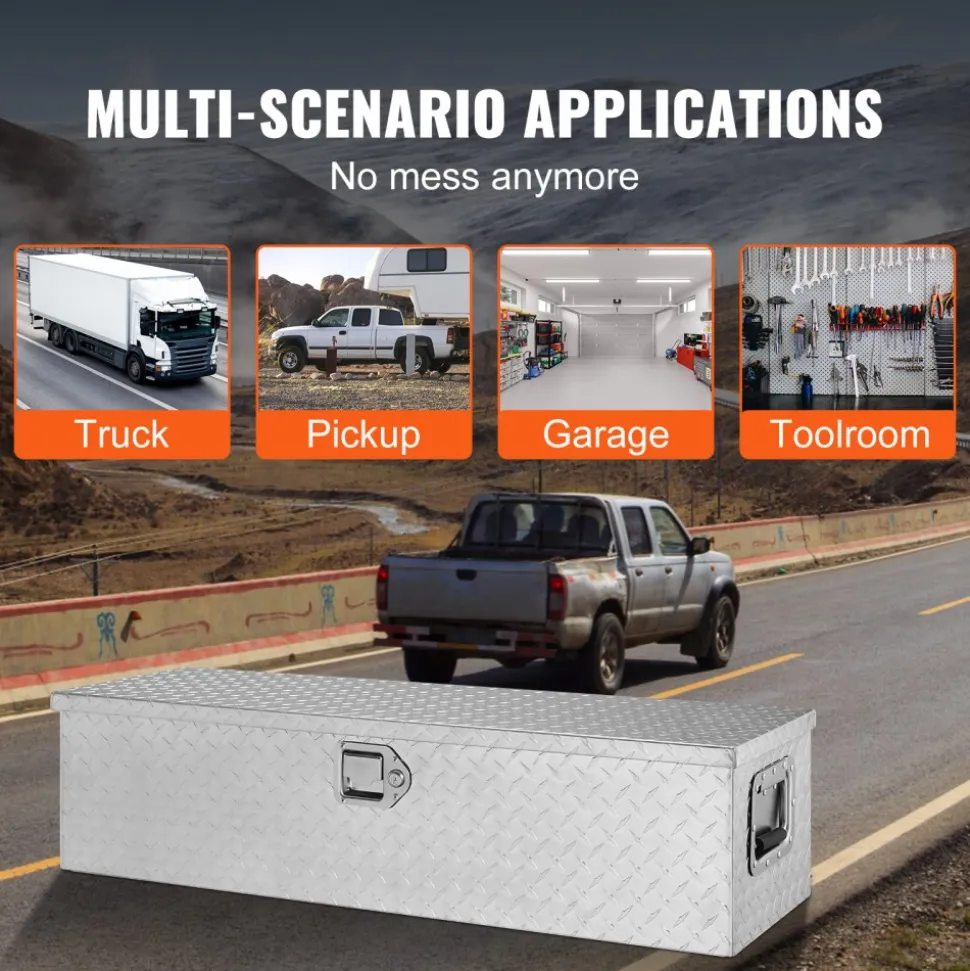 VEVOR Heavy Duty Aluminum Truck Bed Tool Box, Diamond Plate Tool Box with Side Handle and Lock Keys, Storage Tool Box Chest Box Organizer for Pickup, Truck Bed, RV, Trailer, 39"x13"x10", Silver