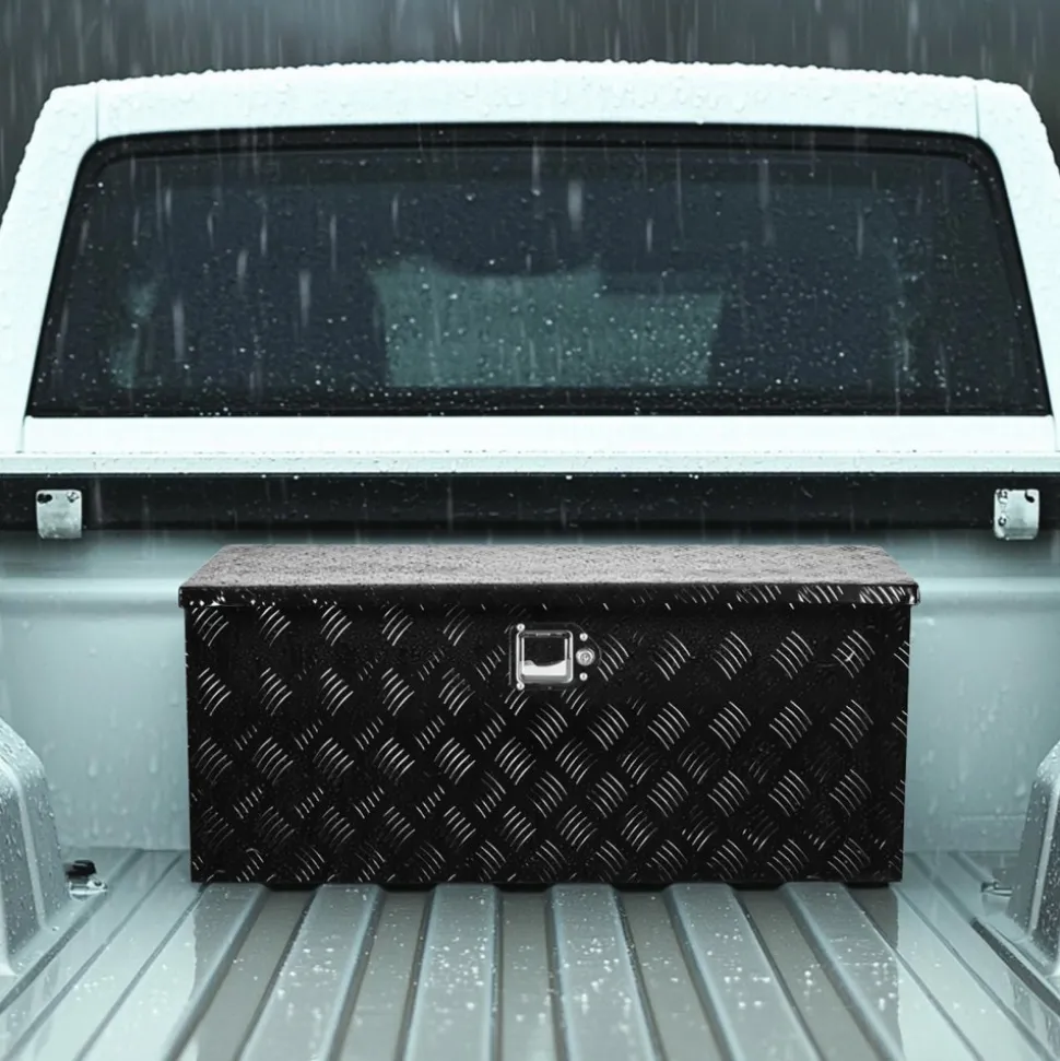 VEVOR Heavy Duty Aluminum Truck Bed Tool Box, Stripes Plated Tool Box with Sliding Shelf, Side Handle, Lock & Keys, Storage Toolbox Chest for Trailer, Pickup, Truck Bed, RV, 35.4"x14.6"x14.6", Black