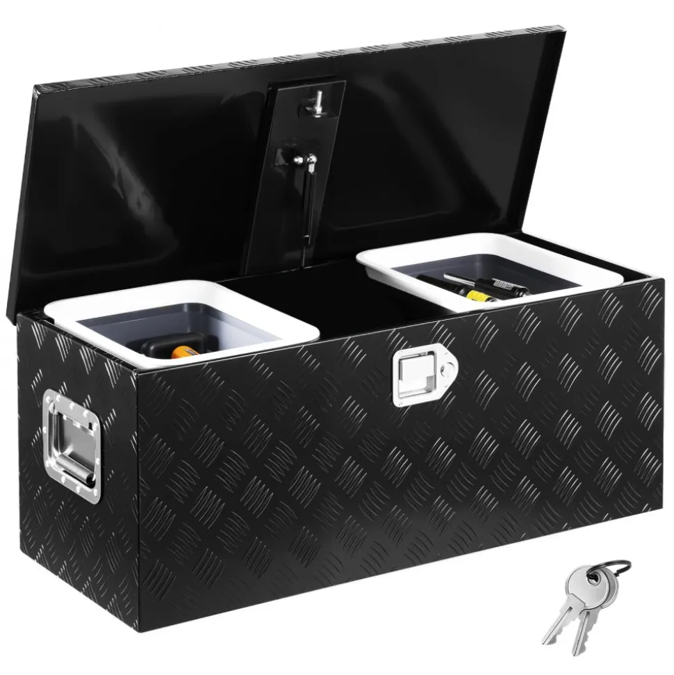 VEVOR Heavy Duty Aluminum Truck Bed Tool Box, Stripes Plated Tool Box with Sliding Shelf, Side Handle, Lock & Keys, Storage Toolbox Chest for Trailer, Pickup, Truck Bed, RV, 35.4"x14.6"x14.6", Black