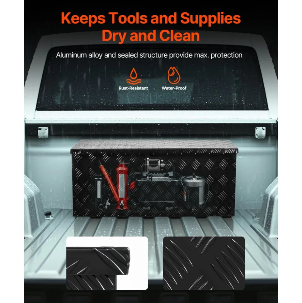 VEVOR Heavy Duty Aluminum Truck Bed Tool Box, Stripes Plated Tool Box with Sliding Shelf, Side Handle, Lock & Keys, Storage Toolbox Chest for Trailer, Pickup, Truck Bed, RV, 35.4"x14.6"x14.6", Black
