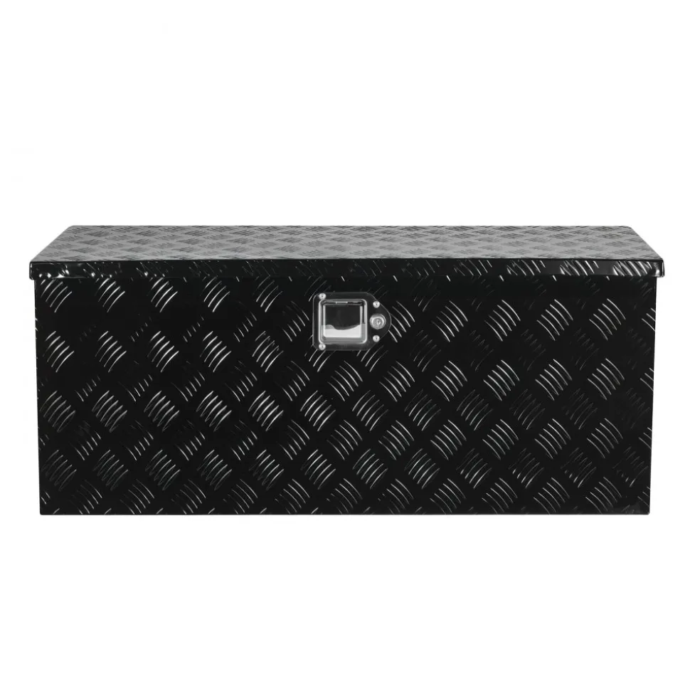 VEVOR Heavy Duty Aluminum Truck Bed Tool Box, Stripes Plated Tool Box with Sliding Shelf, Side Handle, Lock & Keys, Storage Toolbox Chest for Trailer, Pickup, Truck Bed, RV, 35.4"x14.6"x14.6", Black