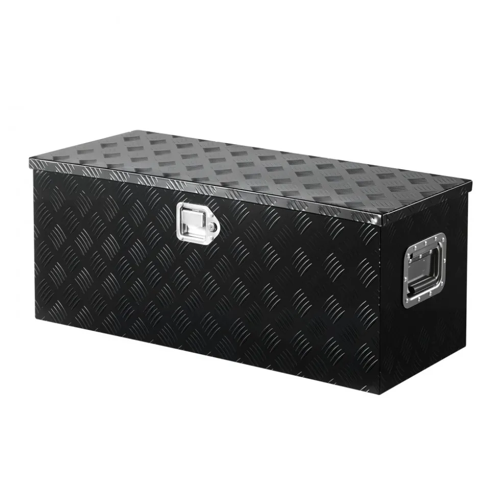 VEVOR Heavy Duty Aluminum Truck Bed Tool Box, Stripes Plated Tool Box with Sliding Shelf, Side Handle, Lock & Keys, Storage Toolbox Chest for Trailer, Pickup, Truck Bed, RV, 35.4"x14.6"x14.6", Black