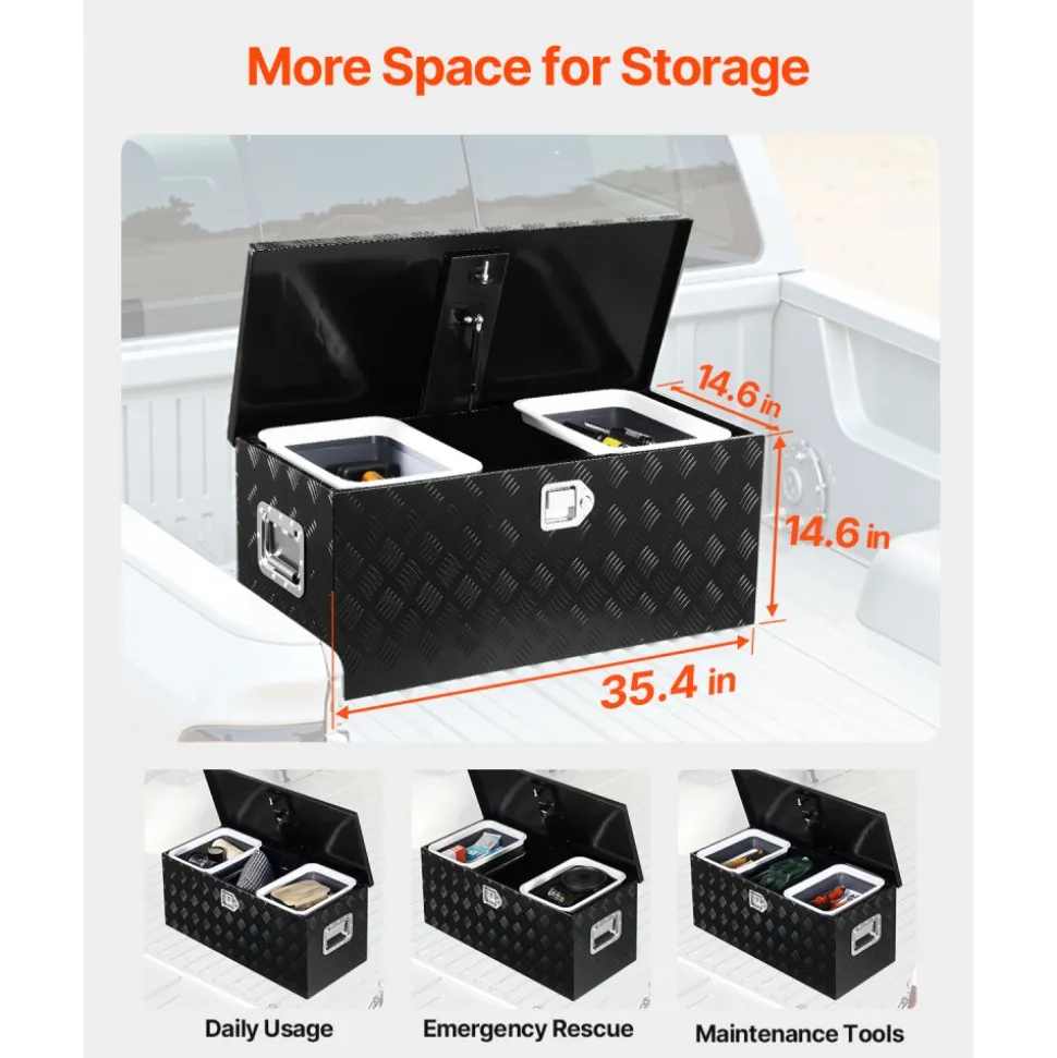 VEVOR Heavy Duty Aluminum Truck Bed Tool Box, Stripes Plated Tool Box with Sliding Shelf, Side Handle, Lock & Keys, Storage Toolbox Chest for Trailer, Pickup, Truck Bed, RV, 35.4"x14.6"x14.6", Black