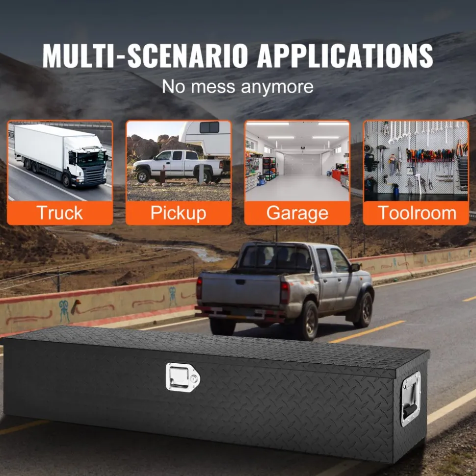 VEVOR Heavy Duty Aluminum Truck Bed Tool Box, Diamond Plate Tool Box with Side Handle and Lock Keys, Storage Tool Box Chest Box Organizer for Pickup, Truck Bed, RV, Trailer, 48"x15"x15", Black