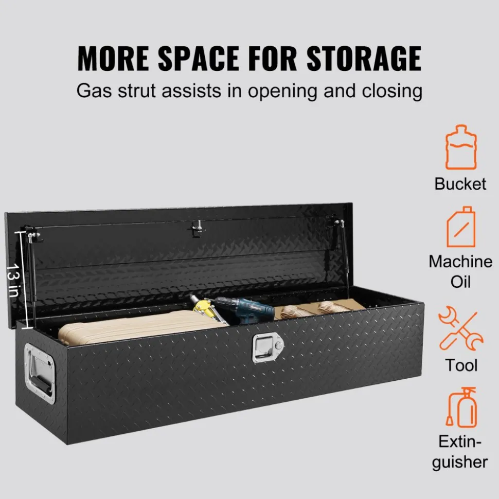 VEVOR Heavy Duty Aluminum Truck Bed Tool Box, Diamond Plate Tool Box with Side Handle and Lock Keys, Storage Tool Box Chest Box Organizer for Pickup, Truck Bed, RV, Trailer, 48"x15"x15", Black