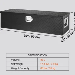 VEVOR Heavy Duty Aluminum Truck Bed Tool Box, Diamond Plate Tool Box with Side Handle and Lock Keys, Storage Tool Box Chest Box Organizer for Pickup, Truck Bed, RV, Trailer, 39