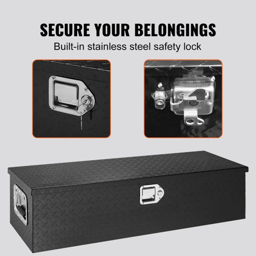 VEVOR Heavy Duty Aluminum Truck Bed Tool Box, Diamond Plate Tool Box with Side Handle and Lock Keys, Storage Tool Box Chest Box Organizer for Pickup, Truck Bed, RV, Trailer, 39"x13"x10", Black