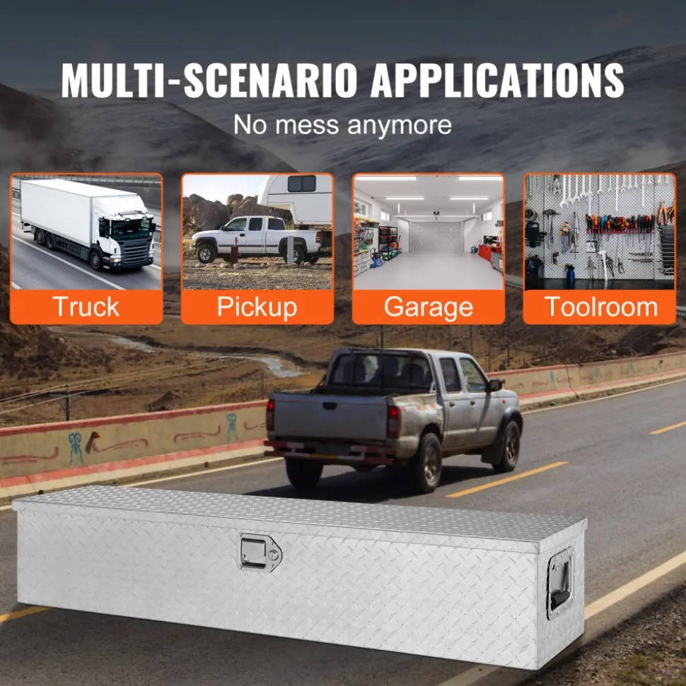 VEVOR Heavy Duty Aluminum Truck Bed Tool Box, Diamond Plate Tool Box with Side Handle and Lock Keys, Storage Tool Box Chest Box Organizer for Pickup, Truck Bed, RV, Trailer, 48"x15"x15", Silver