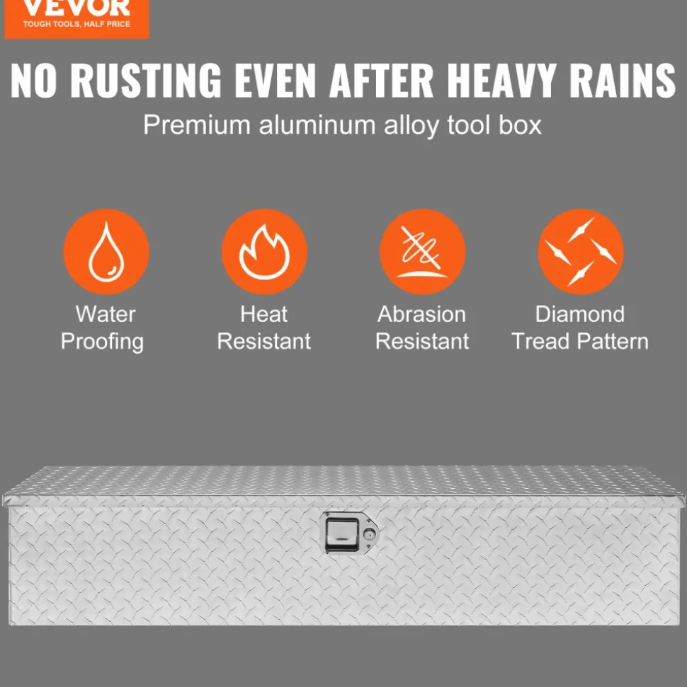 VEVOR Heavy Duty Aluminum Truck Bed Tool Box, Diamond Plate Tool Box with Side Handle and Lock Keys, Storage Tool Box Chest Box Organizer for Pickup, Truck Bed, RV, Trailer, 48"x15"x15", Silver