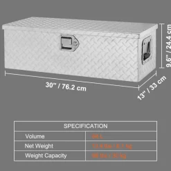VEVOR Heavy Duty Aluminum Truck Bed Tool Box, Diamond Plate Tool Box with Side Handle and Lock Keys, Storage Tool Box Chest Box Organizer for Pickup, Truck Bed, RV, Trailer, 30