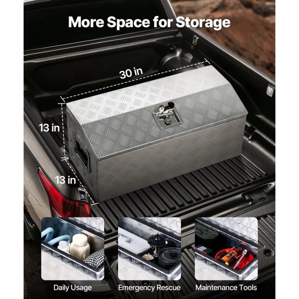 VEVOR Heavy Duty Aluminum Truck Bed Tool Box, Stripes Plated Tool Box with Side Handle and T-Lock Keys, Storage Toolbox Chest Organizer for Trailer, Pickup, Truck Bed, RV, 30"x13"x13", Silver