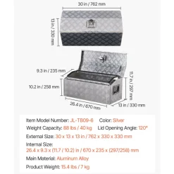 VEVOR Heavy Duty Aluminum Truck Bed Tool Box, Stripes Plated Tool Box with Side Handle and T-Lock Keys, Storage Toolbox Chest Organizer for Trailer, Pickup, Truck Bed, RV, 30