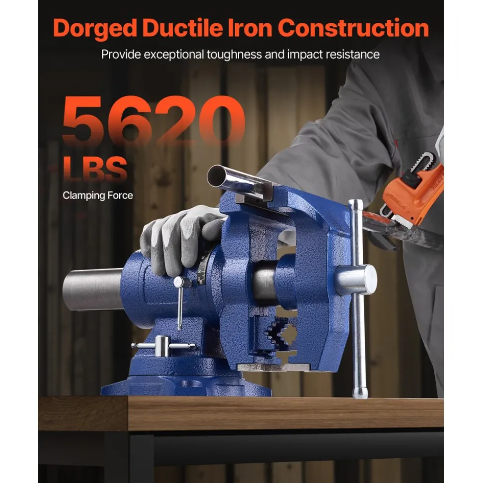 VEVOR Heavy Duty Bench Vise, 6-1/2" Jaw Width, 5" Max Jaw Opening Multi-Purpose Ductile Iron Bench Vise with Anvil, 360° Swivel Base Head, 3" Throat, 5620 lbs Clamp Force, for Pipe Repairing Metalworking