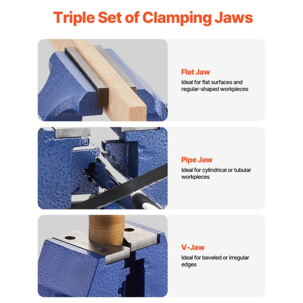VEVOR Heavy Duty Bench Vise, 6-1/2" Jaw Width, 5" Max Jaw Opening Multi-Purpose Ductile Iron Bench Vise with Anvil, 360° Swivel Base Head, 3" Throat, 5620 lbs Clamp Force, for Pipe Repairing Metalworking