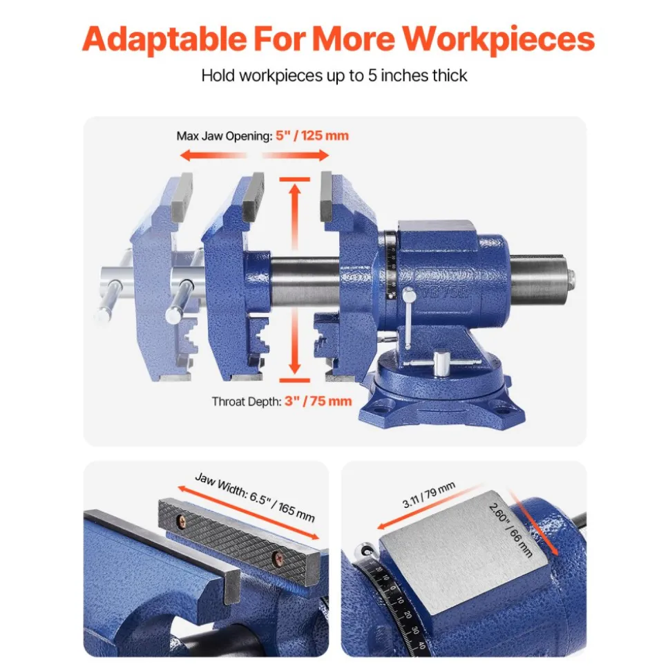 VEVOR Heavy Duty Bench Vise, 6-1/2" Jaw Width, 5" Max Jaw Opening Multi-Purpose Ductile Iron Bench Vise with Anvil, 360° Swivel Base Head, 3" Throat, 5620 lbs Clamp Force, for Pipe Repairing Metalworking