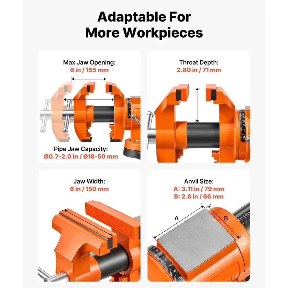 VEVOR Heavy Duty Bench Vise, 6" Jaw Width, Double Swivel Rotating Multi-Purpose Bench Vise, with 360° Locking Swivel Base and Head, 2.8" Throat Depth, 6" Max Jaw Opening, for Drilling, Pipe Cutting