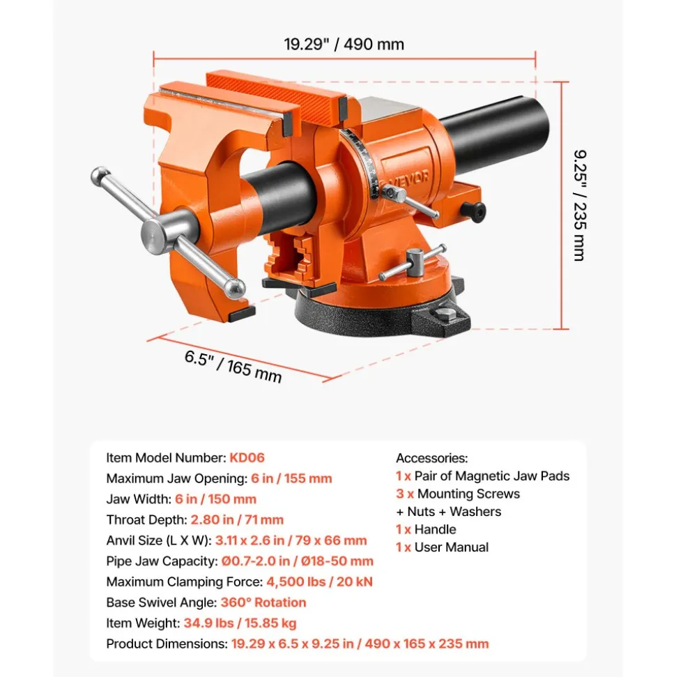 VEVOR Heavy Duty Bench Vise, 6" Jaw Width, Double Swivel Rotating Multi-Purpose Bench Vise, with 360° Locking Swivel Base and Head, 2.8" Throat Depth, 6" Max Jaw Opening, for Drilling, Pipe Cutting