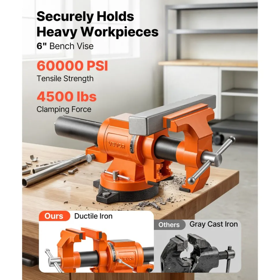 VEVOR Heavy Duty Bench Vise, 6" Jaw Width, Double Swivel Rotating Multi-Purpose Bench Vise, with 360° Locking Swivel Base and Head, 2.8" Throat Depth, 6" Max Jaw Opening, for Drilling, Pipe Cutting