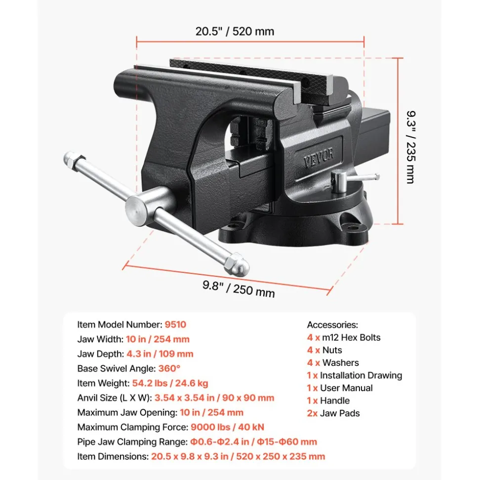 VEVOR Heavy Duty Bench Vise, 10" Jaw Width, Multi-Purpose Ductile Iron Bench Vise with Anvil and 360-Degree Locking Swivel Base, 4.3" Throat Depth, 10" Max Jaw Opening, for Drilling, Pipe Cutting