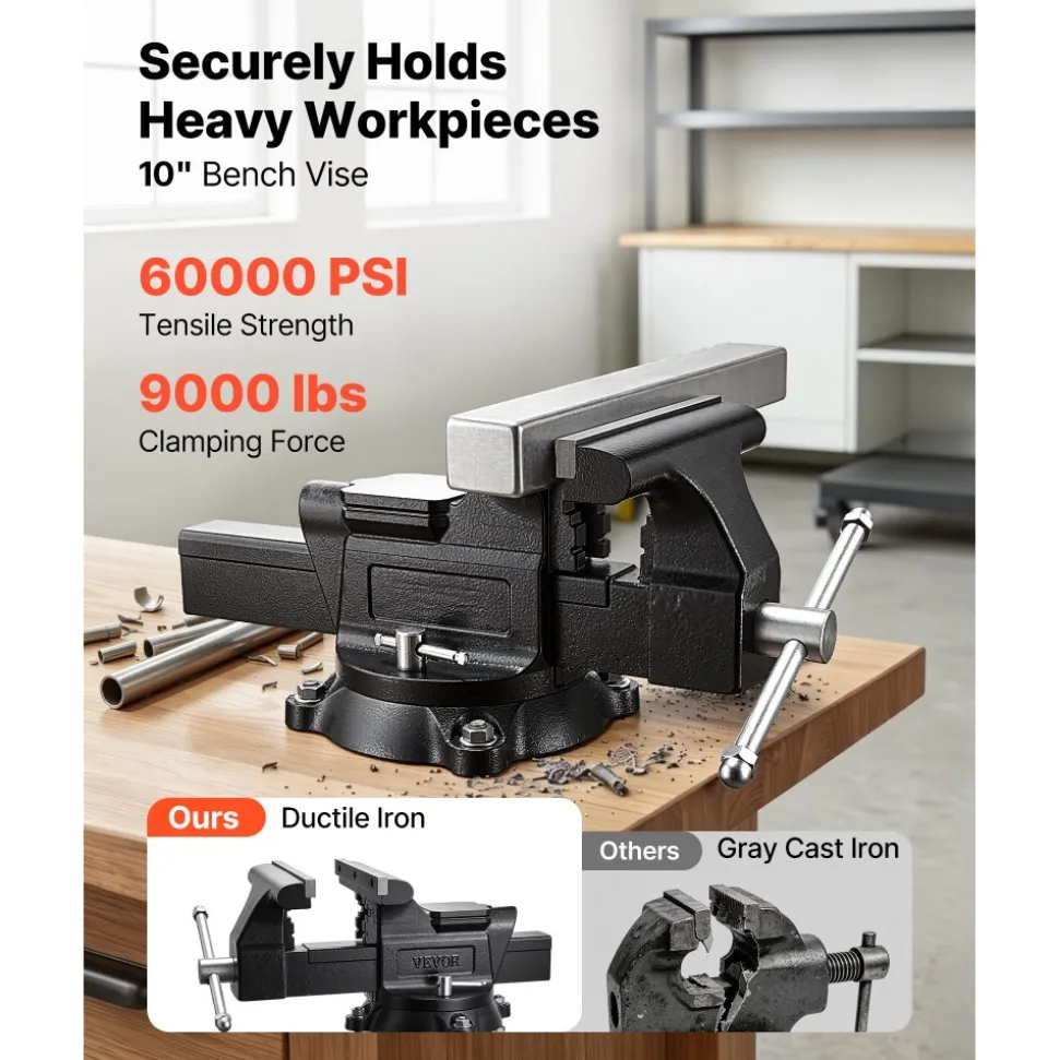 VEVOR Heavy Duty Bench Vise, 10" Jaw Width, Multi-Purpose Ductile Iron Bench Vise with Anvil and 360-Degree Locking Swivel Base, 4.3" Throat Depth, 10" Max Jaw Opening, for Drilling, Pipe Cutting