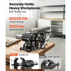 VEVOR Heavy Duty Bench Vise, 5.5" Jaw Width, Double Swivel Rotating Multi-Purpose Bench Vise, with 360° Locking Swivel Base and Head, 2.76" Throat Depth, 5" Max Jaw Opening, for Drilling Pipe Cutting