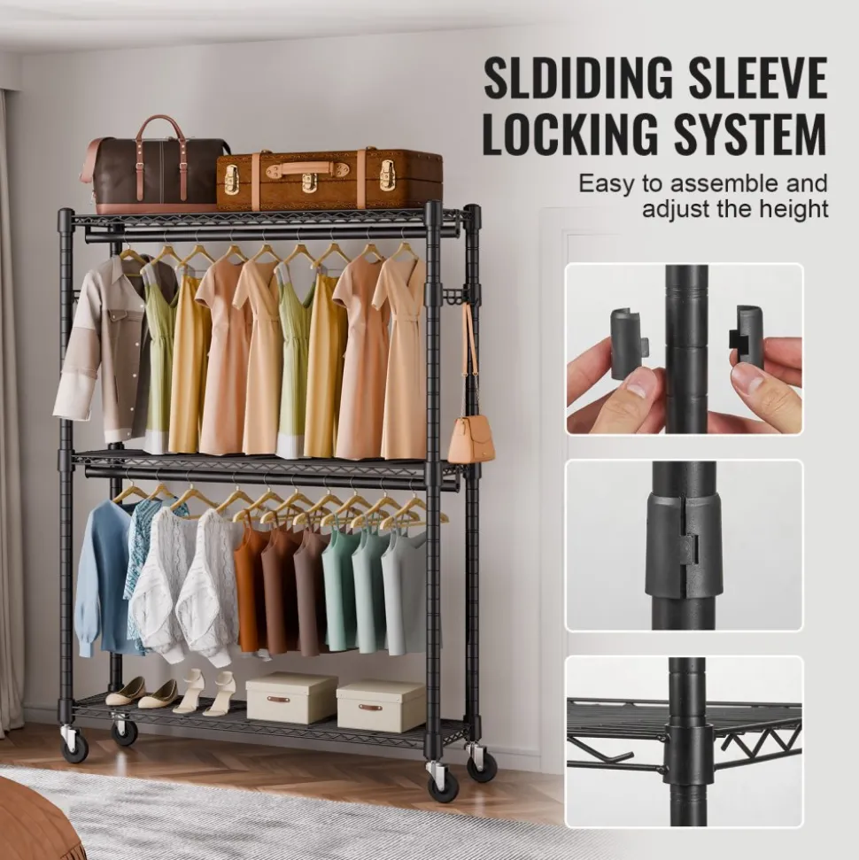 VEVOR Heavy Duty Clothes Rack, Rolling Clothing Garment Rack with 3 Storage Tiers, 2 Rods and 2 Pairs Side Hooks, Adjustable Height Clothing Rack Closet for Hanging Clothes, 400 Lbs Load Capacity