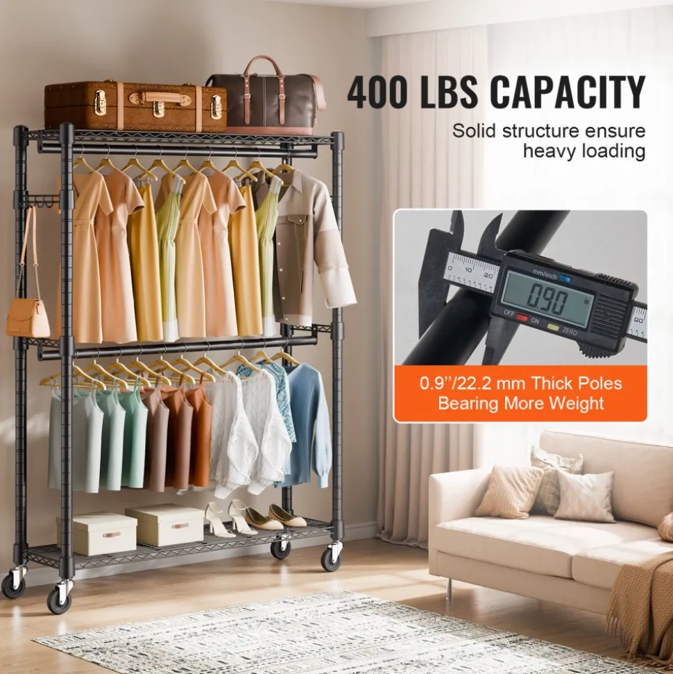 VEVOR Heavy Duty Clothes Rack, Rolling Clothing Garment Rack with 3 Storage Tiers, 2 Rods and 2 Pairs Side Hooks, Adjustable Height Clothing Rack Closet for Hanging Clothes, 400 Lbs Load Capacity