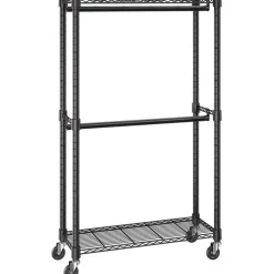 VEVOR Heavy Duty Clothes Rack, Double Hanging Rods Clothing Garment Rack with Bottom and Top Storage Tier, Rolling Clothing Rack for Hanging Clothes, 1'' Diameter Thicken Steel Tube Hold Up to 300Lbs