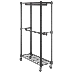 VEVOR Heavy Duty Clothes Rack, Double Hanging Rods Clothing Garment Rack with Bottom and Top Storage Tier, Rolling Clothing Rack for Hanging Clothes, 1'' Diameter Thicken Steel Tube Hold Up to 300Lbs