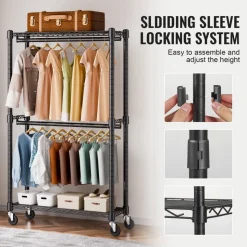 VEVOR Heavy Duty Clothes Rack, Double Hanging Rods Clothing Garment Rack with Bottom and Top Storage Tier, Rolling Clothing Rack for Hanging Clothes, 1'' Diameter Thicken Steel Tube Hold Up to 300Lbs