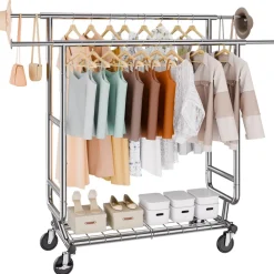 VEVOR Heavy Duty Clothes Rack, Double Hanging Rod Clothing Garment Rack for Hanging Clothes, Adjustable Height and Extendable Length Clothing Rack with Bottom Storage Area, 600 lbs Load Capacity