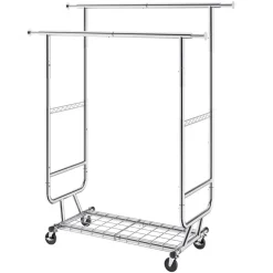 VEVOR Heavy Duty Clothes Rack, Double Hanging Rod Clothing Garment Rack for Hanging Clothes, Adjustable Height and Extendable Length Clothing Rack with Bottom Storage Area, 600 lbs Load Capacity