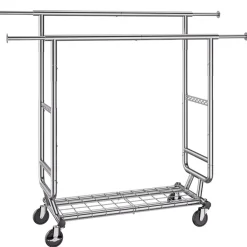 VEVOR Heavy Duty Clothes Rack, Double Hanging Rod Clothing Garment Rack for Hanging Clothes, Adjustable Height and Extendable Length Clothing Rack with Bottom Storage Area, 600 lbs Load Capacity