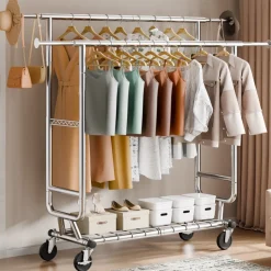 VEVOR Heavy Duty Clothes Rack, Double Hanging Rod Clothing Garment Rack for Hanging Clothes, Adjustable Height and Extendable Length Clothing Rack with Bottom Storage Area, 600 lbs Load Capacity