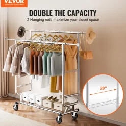 VEVOR Heavy Duty Clothes Rack, Double Hanging Rod Clothing Garment Rack for Hanging Clothes, Adjustable Height and Extendable Length Clothing Rack with Bottom Storage Area, 600 lbs Load Capacity