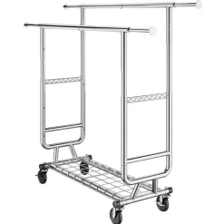 VEVOR Heavy Duty Clothes Rack, Double Hanging Rod Clothing Garment Rack for Hanging Clothes, Adjustable Height and Extendable Length Clothing Rack with Bottom Storage Area, 600 lbs Load Capacity