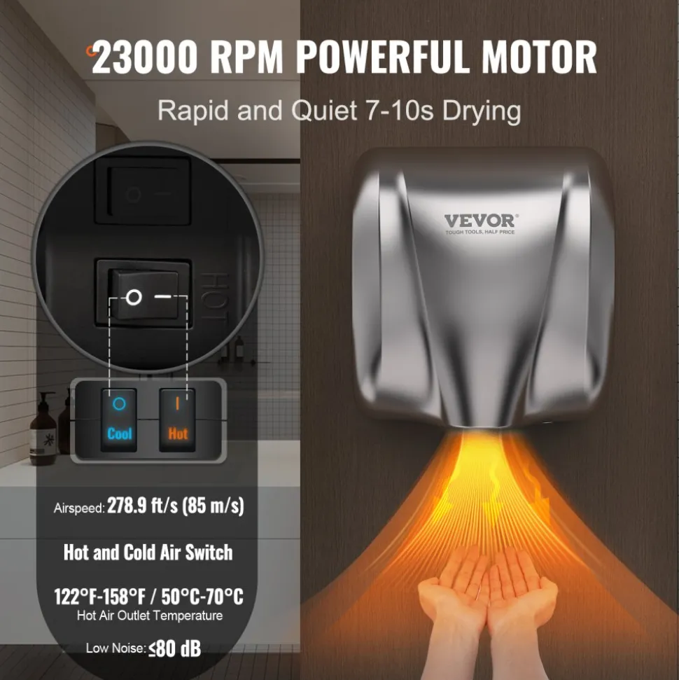 VEVOR Heavy Duty Commercial Hand Dryer, 1300W Automatic High Speed Stainless Steel Warm Wind Hand Blower, 120V Plug In/Hardwired Two Power Options, Compliant for Industry Business Restrooms