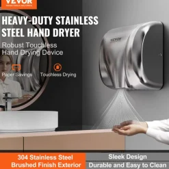 VEVOR Heavy Duty Commercial Hand Dryer, 1300W Automatic High Speed Stainless Steel Warm Wind Hand Blower, 120V Plug In/Hardwired Two Power Options, Compliant for Industry Business Restrooms