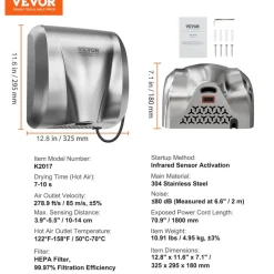 VEVOR Heavy Duty Commercial Hand Dryer, 1300W Automatic High Speed Stainless Steel Warm Wind Hand Blower, 120V Plug In/Hardwired Two Power Options, Compliant for Industry Business Restrooms