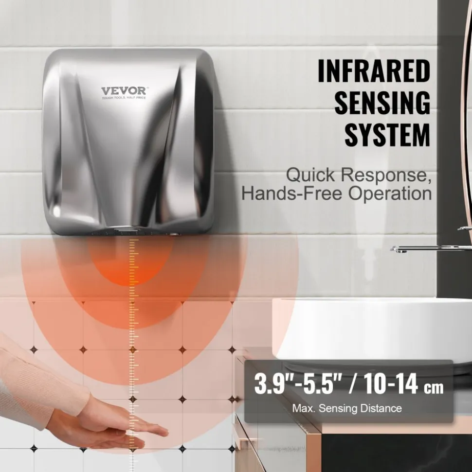 VEVOR Heavy Duty Commercial Hand Dryer, 1300W Automatic High Speed Stainless Steel Warm Wind Hand Blower, 120V Plug In/Hardwired Two Power Options, Compliant for Industry Business Restrooms