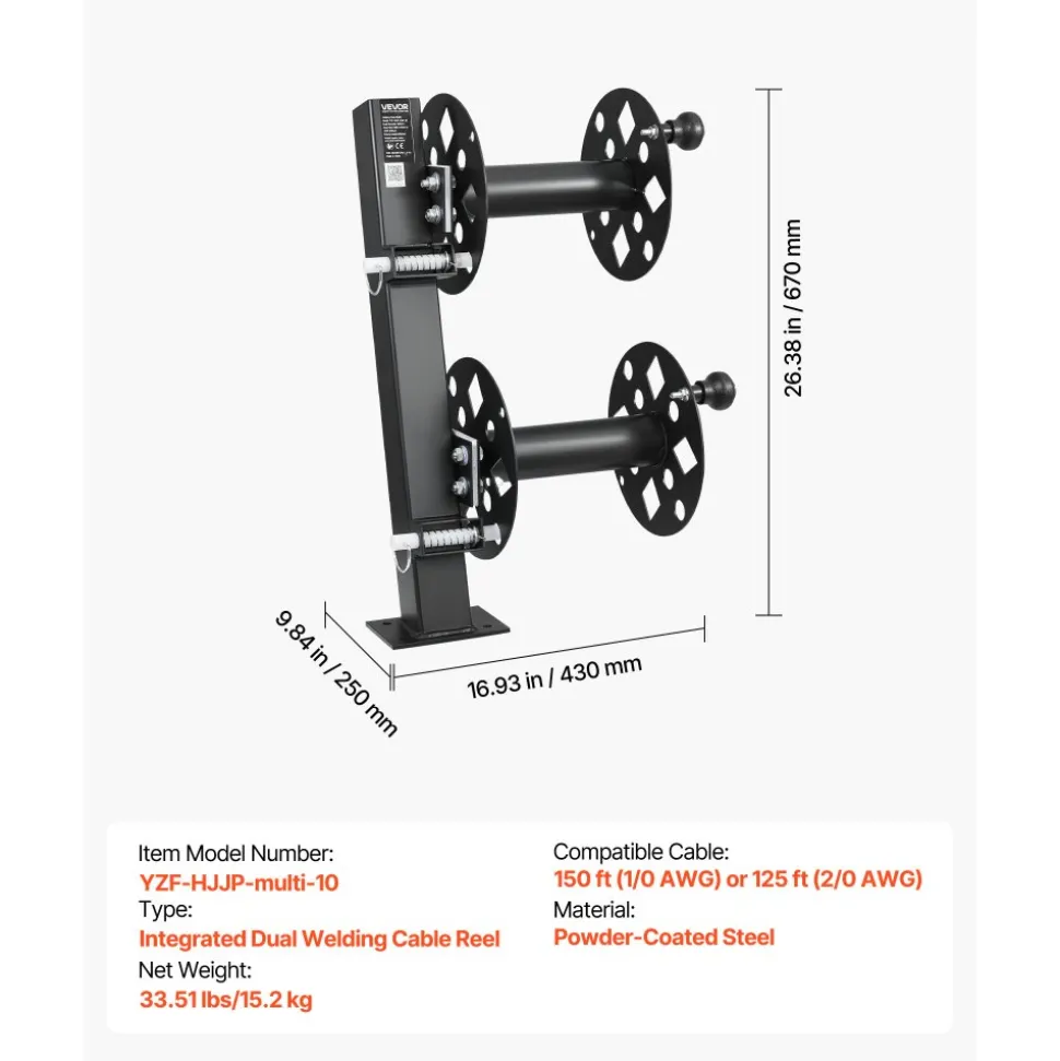 VEVOR Heavy Duty Double Welding Cable Reel, Welding Cable Lead Reels for 150FT 1/0 & 125FT 2/0 Cable, Powder-Coated Steel Reel with Locking Pin for Service Trucks, Fleet Maintenance, Jobsites