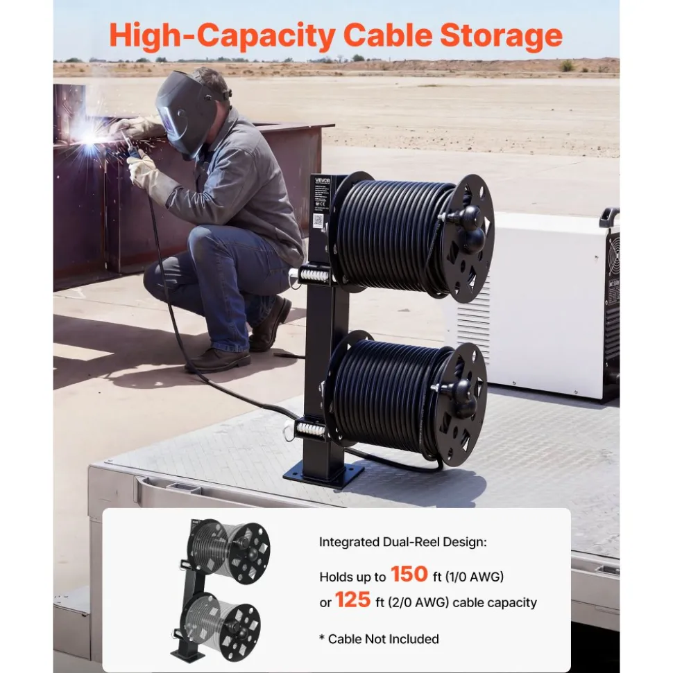 VEVOR Heavy Duty Double Welding Cable Reel, Welding Cable Lead Reels for 150FT 1/0 & 125FT 2/0 Cable, Powder-Coated Steel Reel with Locking Pin for Service Trucks, Fleet Maintenance, Jobsites