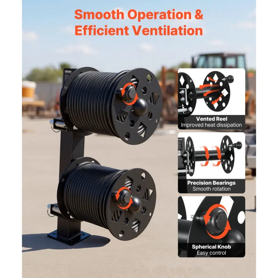 VEVOR Heavy Duty Double Welding Cable Reel, Welding Cable Lead Reels for 150FT 1/0 & 125FT 2/0 Cable, Powder-Coated Steel Reel with Locking Pin for Service Trucks, Fleet Maintenance, Jobsites