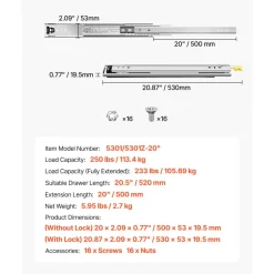VEVOR Heavy Duty Drawer Slides 20inch, 1 Pair Locking Drawer Slides 250lbs Load Capacity, Side Mount Ball Bearing, 3-Fold Full Extension