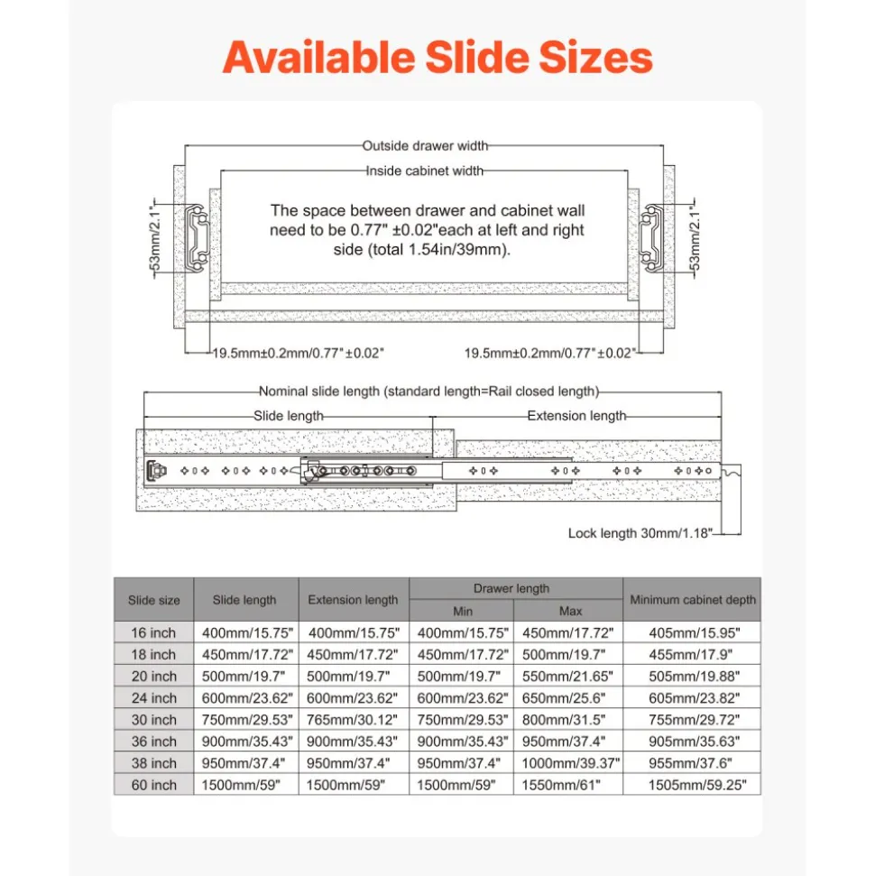 VEVOR Heavy Duty Drawer Slides 16inch, 1 Pair Locking Drawer Slides 250lbs Load Capacity, Side Mount Ball Bearing, 3-Fold Full Extension