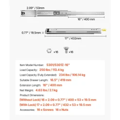VEVOR Heavy Duty Drawer Slides 16inch, 1 Pair Locking Drawer Slides 250lbs Load Capacity, Side Mount Ball Bearing, 3-Fold Full Extension