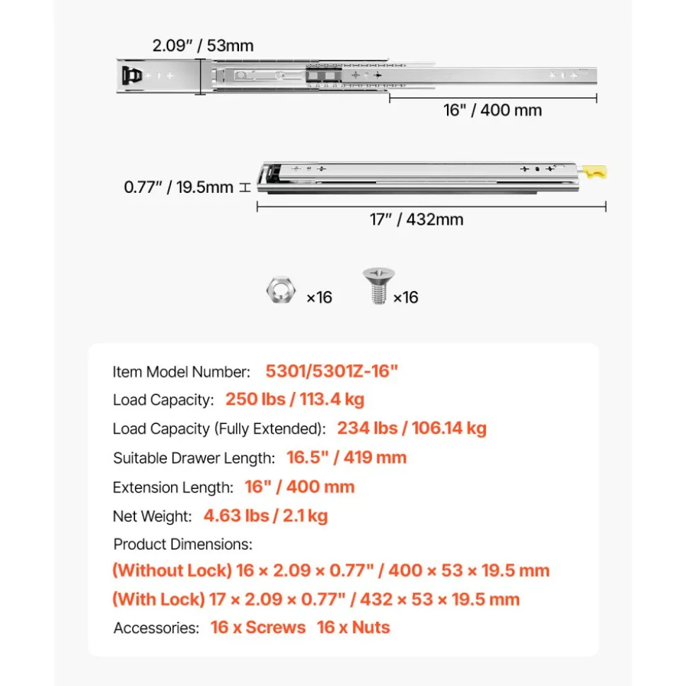 VEVOR Heavy Duty Drawer Slides 16inch, 1 Pair Locking Drawer Slides 250lbs Load Capacity, Side Mount Ball Bearing, 3-Fold Full Extension